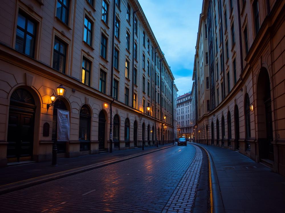 Kvarteren kring Karlaplan på Östermalm i skymningsljus